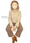  1girl a_song_of_ice_and_fire apple artist_request arya_stark blue_eyes brown_hair child female food fruit long_hair simple_background smile solo 