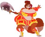  axe belly big_breasts black_nose breasts chubby claws cuddly dyed_hair fatfoxlower female fingers fluffy_tail green_eyes hairpin mammal navel niu_swiftreed pandaren plain_background red_panda smile solo toes video_games warcraft weapon world_of_warcraft 
