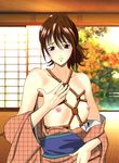  1girl bdsm bondage bound brown_eyes brown_hair flat_chest gintama marishiten nipples rope shimura_tae short_hair source_request 