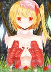  absurdres bad_id bad_pixiv_id blonde_hair blush bow breasts cleavage detached_sleeves dress flandre_scarlet hair_bow hat highres large_breasts long_hair older red_dress red_eyes side_ponytail slit_pupils solo strapless strapless_dress touhou wenhe wings 