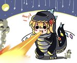  :3 animal_costume blonde_hair breathing_fire cosplay costume dragon_costume fang fire flandre_scarlet gao godzilla godzilla_(cosplay) hair_ribbon nobu_baka ribbon short_hair side_ponytail solid_circle_eyes touhou v-shaped_eyebrows wings 