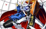  armor blue_eyes cape digimoji digimon glowing glowing_eyes hawe_king highres horns no_humans omegamon solo spikes sword weapon yellow_eyes 