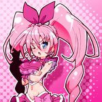  ;o blue_eyes blush bow braid breast_rest breasts choker crossed_arms cure_melody frills groin hair_bow houjou_hibiki large_breasts long_hair magical_girl one_eye_closed pink pink_background pink_bow pink_choker pink_hair pink_skirt precure ribbon ryuuta_(cure_ryuuta) skirt solo suite_precure twintails 