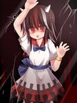  :p against_glass black_hair blood bow brown_background dress fourth_wall horns kijin_seija looking_at_viewer multicolored_hair open_mouth red_eyes red_hair ry short_hair simple_background solo streaked_hair tongue tongue_out touhou white_dress white_hair wrist_cuffs 