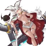  arc_system_works beltbra breasts coat creature dacho dark_skin demon_wings dual_swords dutch_angle guilty_gear guilty_gear_xrd hat katana large_breasts long_hair lucifero mouth_hold ramlethal_valentine short_shorts shorts simple_background sword underboob weapon white_background white_hair wings 