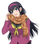  ane_log black_hair blue_eyes blush commentary_request cover_image hairband kenji_t1710 konoe_moyako long_hair official_art scarf school_uniform solo 