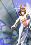  1girl animal_ears bow bowtie breasts brown_eyes brown_hair bunny_ears bunnysuit cleavage daicon daicon_bunny_girl daicon_iv fake_animal_ears highres solo sword weapon wrist_cuffs 