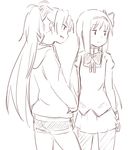  akemi_homura bow casual hair_bow long_hair looking_at_another looking_away mahou_shoujo_madoka_magica monochrome multiple_girls pantyhose ponytail sakura_kyouko school_uniform shorts simple_background sketch skirt smile uasi white_background 