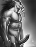  2014 abs angel27 avoid_posting balls biceps black_hair chinese_dragon dragon elbow_gloves erection fist gloves gradient_background grey_background greyscale hair horn humanoid_penis long_hair male monochrome muscles nipples nude pecs penis pinup plain_background side_view solo standing thigh_highs 