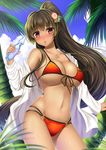  anchor bad_id bad_pixiv_id beach bikini blush breasts brown_eyes brown_hair chestnut_mouth cleavage cloud collarbone cowboy_shot day flower front-tie_top hair_flower hair_ornament holding jacket jewelry kantai_collection large_breasts leaf long_hair long_sleeves navel o-ring o-ring_bottom off_shoulder open_mouth outdoors palm_tree pendant ponytail ramune red_bikini shibata_rai sky solo sweat swimsuit tree underboob yamato_(kantai_collection) 