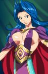  1girl ahoge blue_eyes blue_hair breasts breath_of_fire breath_of_fire_i cape center_opening deis ichijiku large_breasts long_hair looking_at_viewer monster_girl solo 