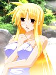  bare_shoulders blonde_hair breasts cleavage covered_nipples engo_(aquawatery) fate_testarossa large_breasts long_hair lyrical_nanoha mahou_shoujo_lyrical_nanoha_strikers naked_towel red_eyes solo towel very_long_hair white_towel 