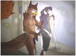  anthro avian balls beak butt butt_grab canine clothed clothed_sex clothing duo female fur hair hybrid long_hair long_tail male mammal nude rach_verity room sex standing straight 