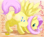  blush butt cutie_mark equine female fluttershy_(mlp) friendship_is_magic fur glass green_eyes hair horse long_hair looking_back mammal my_little_pony peeing pegasus pink_hair pony pussy smile solo suvaru teal_eyes text urine watersports wings yellow_fur 