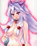  alternate_hair_color arcana_heart breasts calnarsa fang hair_censor hair_over_breasts inuwaka_akane large_breasts long_hair looking_at_viewer marker_(medium) millipen_(medium) nude open_mouth red_eyes silver_hair solo traditional_media 