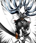  1girl arc_system_works armor blazblue blue_hair breasts genderswap hakumen highres karadborg long_hair mask sword weapon 