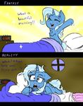  bed bed_head blue_hair clock comic cutie_mark dialog english_text equine female friendship_is_magic hair horn ichibangravity lying mammal messy_hair my_little_pony pillow purple_eyes sitting smile solo star text tires trixie_(mlp) two_tone_hair unicorn window 