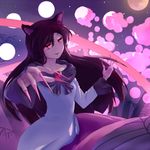  :d animal_ears dress fingernails full_moon imaizumi_kagerou long_fingernails looking_at_viewer moon nail_polish neckerchief night open_mouth red_eyes red_nails sharp_fingernails sky smile star_(sky) starry_sky street_dog touhou wolf_ears 