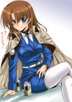  beer_can blue_eyes blush brown_hair can formal jacket jacket_on_shoulders long_hair looking_at_viewer lyrical_nanoha mahou_senki_lyrical_nanoha_force military military_uniform necktie pantyhose pencil_skirt san-pon sitting skirt skirt_suit smile solo suit sweatdrop translated tsab_naval_military_uniform uniform white_legwear yagami_hayate 