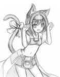  animal_ears bow cat_ears cat_tail greyscale highres looking_at_viewer minaha_(playjoe2005) monochrome navel open_mouth paw_pose sakahime_(shikihime_zoushi) shikihime_zoushi short_hair simple_background sketch smile solo tail tail_bow white_background 