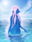  big_breasts blue_fur breasts cainethelongshot female fur hair long_hair mammal nude outside pink_hair purple_eyes sea skinny_dipping sky solo standing topless unknown_species vex water wet 