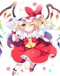  ;&gt; ascot blonde_hair blush bow crystal fang flandre_scarlet frilled_skirt frills full_body hat hat_bow looking_at_viewer mob_cap one_eye_closed paragasu_(parags112) ponytail puffy_sleeves red_eyes shirt shoes short_hair short_sleeves side_ponytail simple_background skirt skirt_set smile solo touhou vest white_background wings wrist_cuffs 