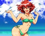  :d bikini breasts hgoyan ibis_douglas navel open_mouth purple_eyes red_hair short_hair side-tie_bikini smile solo super_robot_wars super_robot_wars_original_generation swimsuit 