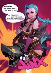  :p akito1179 belt black_gloves blue_hair braid character_name english fingerless_gloves gloves jewelry jinx_(league_of_legends) league_of_legends long_hair nail_polish necklace pink_eyes pink_nails rocket_launcher shorts smirk solo speech_bubble tongue tongue_out twin_braids weapon 