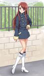  aikatsu! aikatsu!_(series) boots brown_hair coat double-breasted eyelashes fashion fence happy high_heels highres knee_boots kneehighs long_hair looking_at_viewer nigou outdoors purple_eyes shibuki_ran sidelocks smile solo standing wall winter_clothes winter_coat 