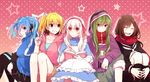  blonde_hair blue_eyes blue_hair book brown_hair closed_eyes dress ene_(kagerou_project) green_hair hair_ornament hairclip headphones hood hoodie hoshiyui_tsukino kagerou_project kido_tsubomi kisaragi_momo kozakura_marry long_hair multiple_girls red_eyes red_scarf scarf school_uniform serafuku side_ponytail smile tateyama_ayano 