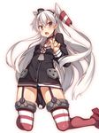  amatsukaze_(kantai_collection) black_panties brown_eyes dress dress_pull fang garter_straps highres kantai_collection long_hair long_sleeves panties pantyshot racer_(magnet) red_legwear sailor_dress short_dress silver_hair simple_background solo striped striped_legwear thighhighs two_side_up underwear white_background 