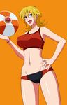  :d ball beachball blonde_hair breasts green_eyes hand_on_hip heterochromia highres katina_tarask large_breasts meshina_isshin navel octopus open_mouth orange_background purple_eyes simple_background smile solo sportswear super_robot_wars super_robot_wars_original_generation 