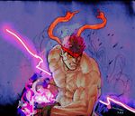  abs dark_persona energy_ball evil_ryuu eyebrows fingerless_gloves gloves hadouken headband male_focus muscle navel red_eyes red_hair ryuu_(street_fighter) shirtless solo spiked_hair steven_mack street_fighter thick_eyebrows yellow_sclera 