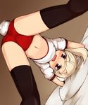  animal_ears balancing black_legwear blonde_hair blue_eyes blush buruma gym_uniform looking_at_viewer martina_crespi navel non-web_source null_(nyanpyoun) open_mouth petite short_hair solo spread_legs strike_witches tail thighhighs top-down_bottom-up upside-down world_witches_series 