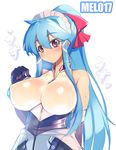  blue_hair blush bodysuit bow breasts covered_nipples elbow_gloves gloves hair_bow impossible_bodysuit impossible_clothes large_breasts long_hair maid_headdress mel/a melmaid open_mouth original ponytail red_eyes sidelocks simple_background sketch skin_tight solo very_long_hair 
