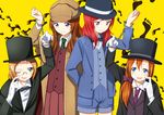  4girls bad_id bad_pixiv_id blue_eyes blush brown_hair cane cape cosplay cuffs deerstalker detective eye_contact finger_to_mouth formal gloves green_eyes handcuffs hat hyouka inuzuka_bouru kimi_ni_matsuwaru_mystery kira_tsubasa kousaka_honoka long_hair looking_at_another love_live! love_live!_school_idol_project monocle multiple_girls nishikino_maki one_eye_closed open_mouth pantyhose parody purple_eyes red_hair scratching_cheek short_hair skirt smile suit top_hat yuuki_anju 