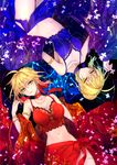  ahoge alternate_costume artoria_pendragon_(all) bare_shoulders blonde_hair bracelet breasts choker cleavage fate/extra fate/stay_night fate_(series) flower green_eyes hachini hair_ribbon jewelry large_breasts lying midriff multiple_girls navel nero_claudius_(fate) nero_claudius_(fate)_(all) on_back parted_lips ribbon saber sarong 
