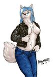  arctic_fox black_nose blue_eyes blue_hair breasts canine chest_tuft claws clothed clothing colored cute female fox fur hair invalid_tag jeans kalahari leather_jacket looking_at_viewer mammal navel plain_background solo tuft white_fur zipper 