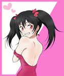  bad_id bad_pixiv_id black_hair blush double_strap_slip dress eleven929rr from_behind grin heart looking_back love_live! love_live!_school_idol_project red_eyes smile solo strap_slip twintails yazawa_nico 
