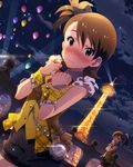  artist_request balloon blush brown_eyes brown_hair eiffel_tower futami_ami futami_mami idolmaster idolmaster_(classic) idolmaster_million_live! jewelry landmark multiple_girls official_art paris petite ring scenery side_ponytail 