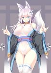  animal_ears blue_eyes blush borrowed_character breasts detached_sleeves fang fox_ears fox_tail hair_ornament highres large_breasts lavender_hair long_hair mizuki_(kutan) off_shoulder open_mouth original see-through smile solo sukage tail thigh_gap thighhighs white_legwear wide_sleeves 