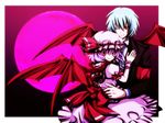  blue_hair bow crossover dress fang hat hug male moon pop&#039;n_music purple_hair red_eyes remilia_scarlet ribbons short_hair touhou uka_(color_noise) vampire wings wink wristwear yuli 