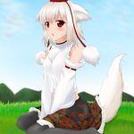  animal_ears bare_shoulders black_legwear blush breasts day detached_sleeves grass hat hiiiigo inubashiri_momiji looking_at_viewer medium_breasts midriff open_mouth pantyhose pom_pom_(clothes) red_eyes short_hair silver_hair sitting sky solo tail tail_wagging tokin_hat touhou wariza wolf_ears wolf_tail 