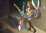  1girl alvinwcy blade blue_eyes boxcutter brown_hair chalkboard eraser globe hair_ornament high_heels irelia league_of_legends long_hair office_clip paperclip pencil school_uniform scissors skirt solo stationery thighhighs weapon 