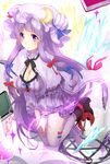  bad_id bad_pixiv_id blush book boots bow breasts cleavage crescent crystal flask hair_bow hat highres large_breasts long_hair magic_circle patchouli_knowledge purple_eyes purple_hair purple_legwear round-bottom_flask shirako_sei solo thighhighs touhou 