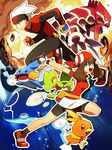  1girl bandana bike_shorts black_hair blue_eyes brown_eyes brown_hair fanny_pack fingerless_gloves gen_3_pokemon gloves groudon haruka_(pokemon) hat highres holding holding_poke_ball kyogre li_sakura long_hair mudkip open_mouth poke_ball pokemon pokemon_(creature) pokemon_(game) pokemon_oras pokemon_rse primal_groudon primal_kyogre rock short_hair smile torchic treecko water yuuki_(pokemon) 