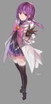  aisha_(elsword) artist_name bad_id bad_pixiv_id black_legwear bow elemental_master_(elsword) elsword full_body gloves grey_background highres jacket long_hair miniskirt pink_bow ponytail purple_eyes purple_hair purple_skirt ribbon shoes simple_background skirt smile solo standing swd3e2 thighhighs zettai_ryouiki 