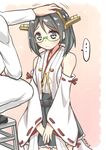  1boy 1girl absurdres admiral_(kantai_collection) bare_shoulders black_hair detached_sleeves glasses green-framed_eyewear highres kantai_collection kirishima_(kantai_collection) nontraditional_miko ryuki_(ryukisukune) short_hair skirt 