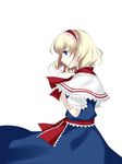  akimatsu alice_margatroid blonde_hair blue_eyes capelet cowboy_shot dress hairband hand_on_own_chest highres lolita_hairband parted_lips profile puffy_short_sleeves puffy_sleeves ribbon sash short_hair short_sleeves simple_background solo touhou white_background 