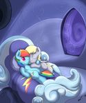  ambiguous_gender bed blonde_hair blue_fur cutie_mark derpy_hooves_(mlp) duo equine eyes_closed feral friendship_is_magic fur hair inside lying mammal multi-colored_hair my_little_pony on_back on_front one_eye_closed pegasus pillow rainbow_dash_(mlp) rainbow_hair thenicestperson wings 